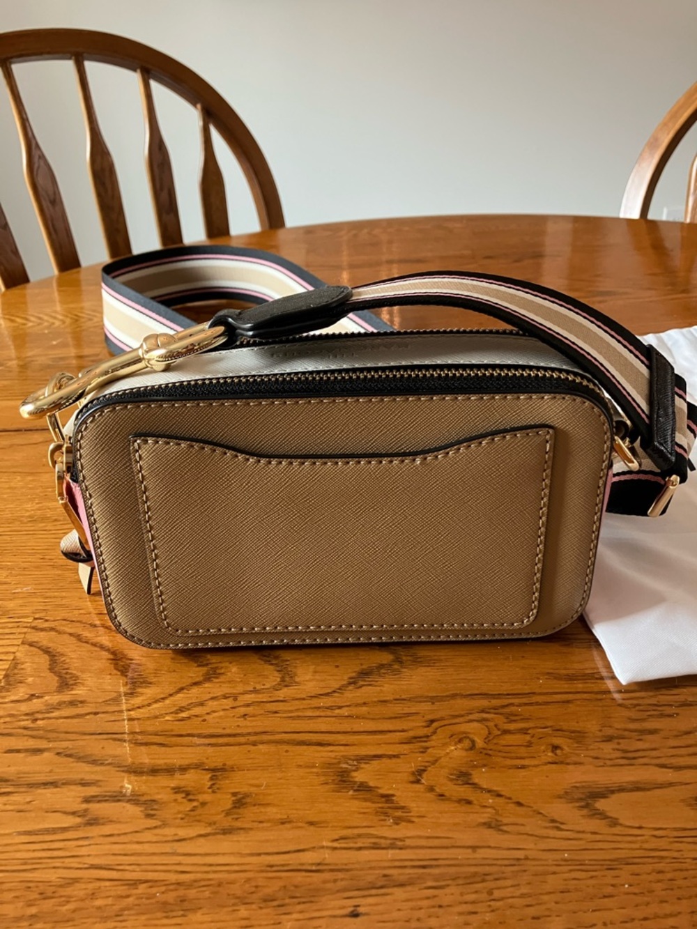 Marc Jacobs Tan Pink Ivory Black Snapshot Crossbody Striped Adjustable Strap - Picture 3 of 10